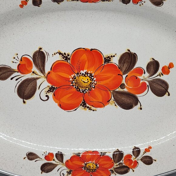 Vintage Showpans Sanko Ware Japan Oval Serving Platter With Orange Floral Design - Picture 2 of 10